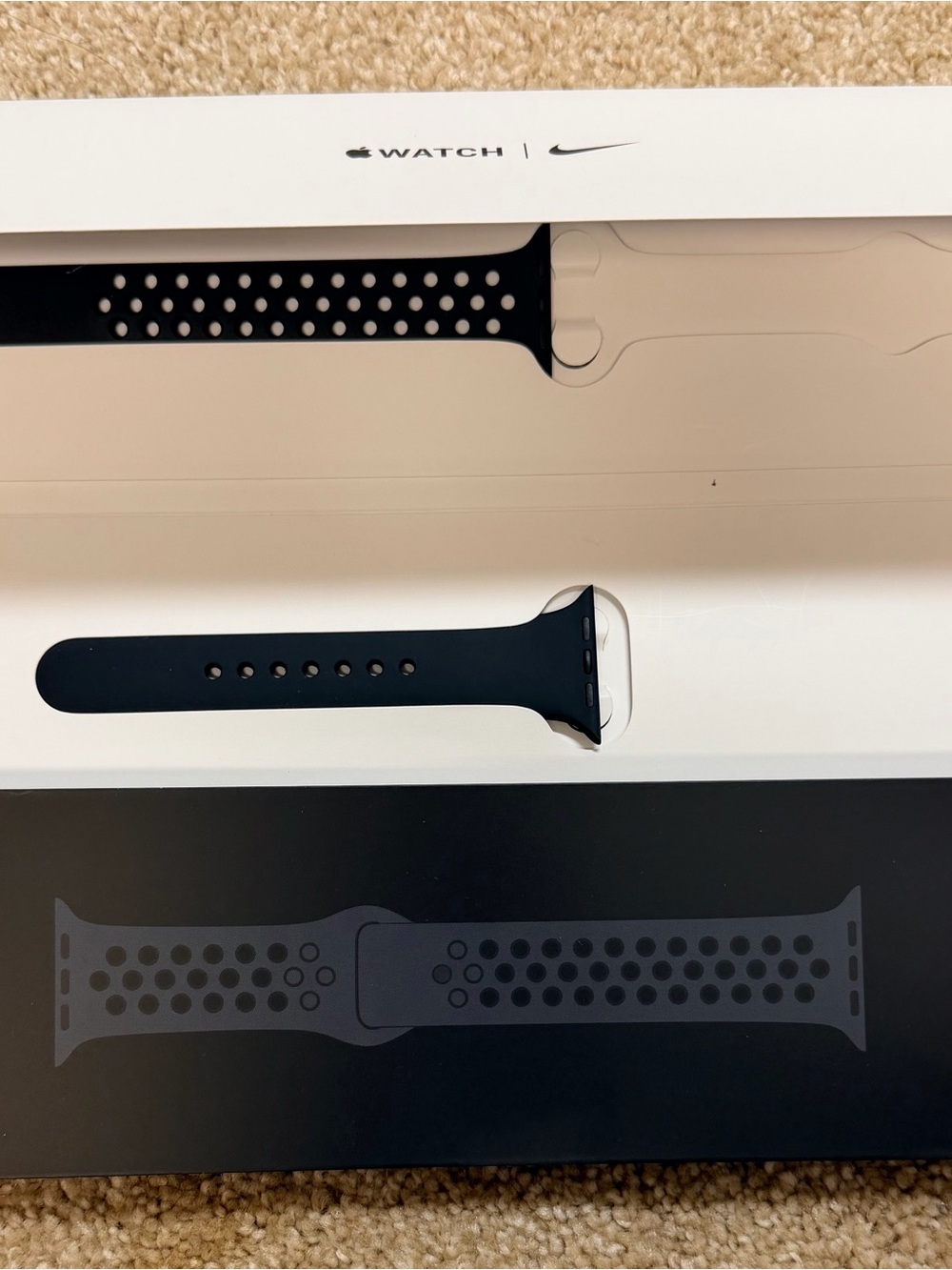 Apple Nike Sport Band Black M/L and 2nd is Blue S/M. Same side